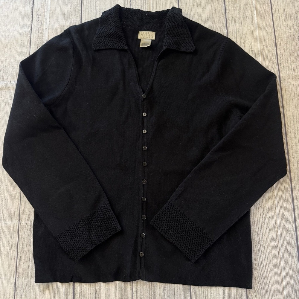 Sigrid Olsen Sport Black Mesh Trim Button Front Knit Cardigan Sweater Large - Picture 1 of 10